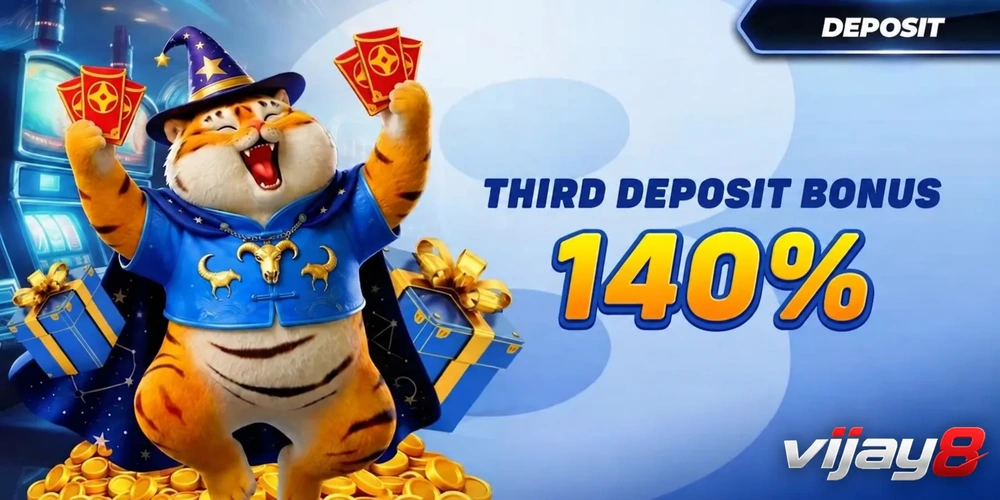 vijay8 third deposit bonus 140 percent promotional banner with cyan headline text on dark blue and gift box graphic.