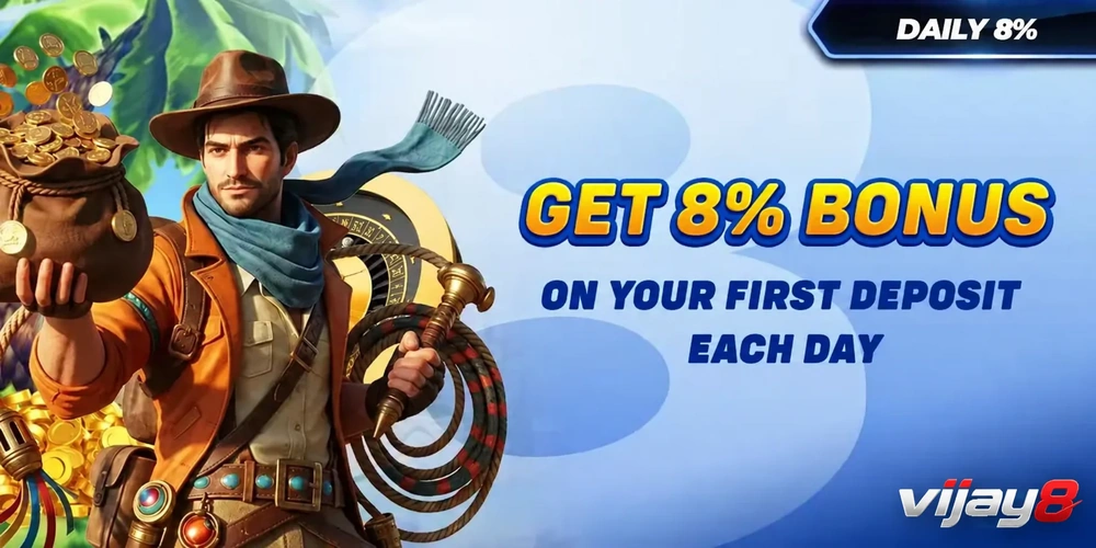 vijay8 daily 8 percent first deposit bonus banner with adventurer mascot, gold coins, and get 8 percent bonus headline on a blue background.